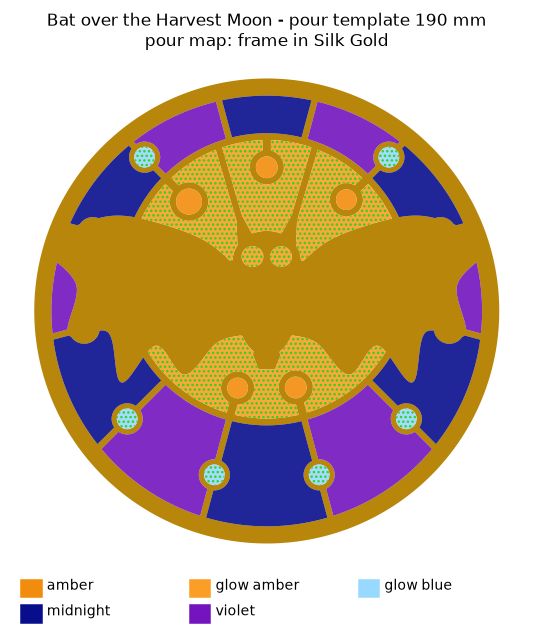 Printed color map for the Bat over the Harvest Moon pour template: a gold frame with violet, midnight blue and amber cells and a color key