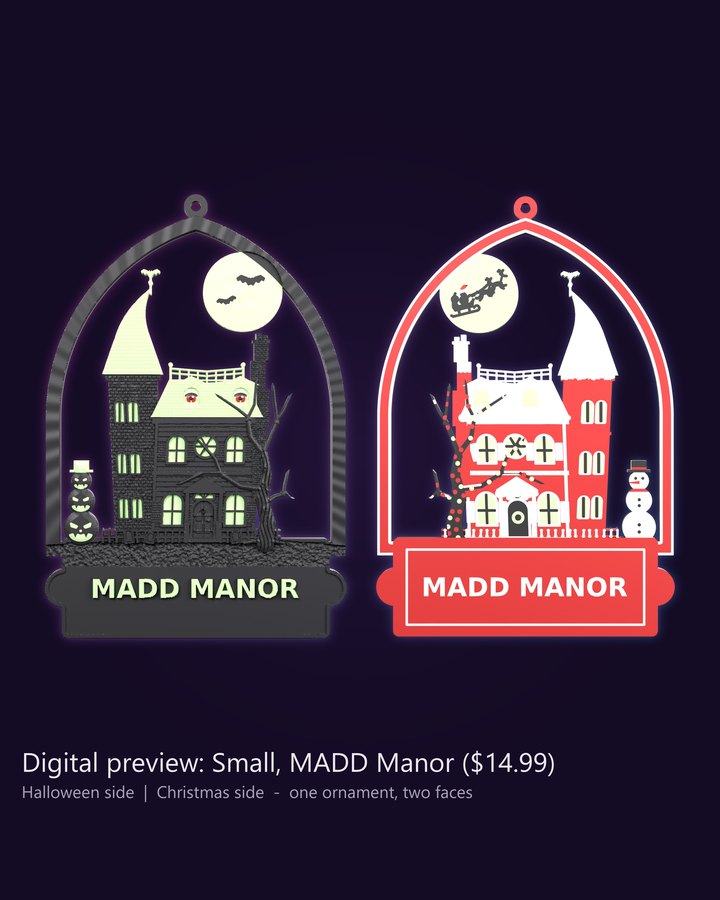 The small two-sided Manor ornament: a haunted house on one side, a Christmas house on the other, and a name plate at the bottom